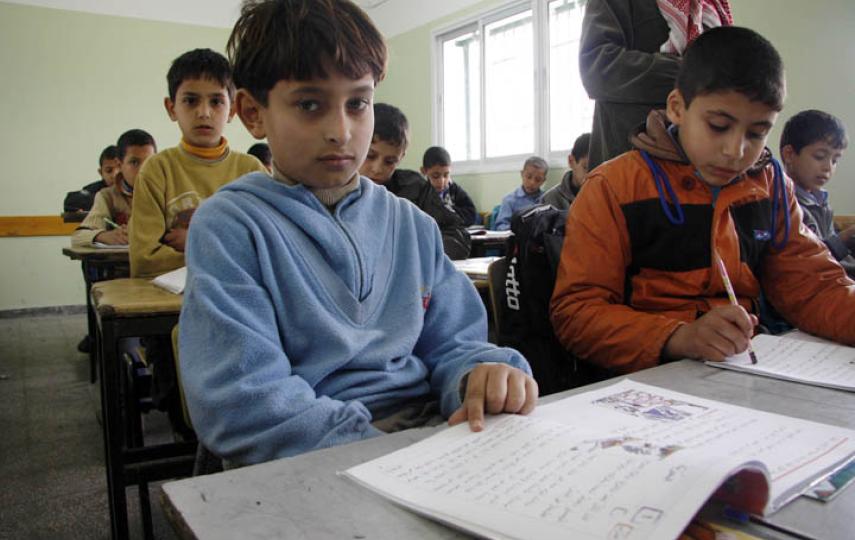 Mohammed al-Khouli, 9, in a technology class at al-Mu'tasem Elementary School in Gaza City