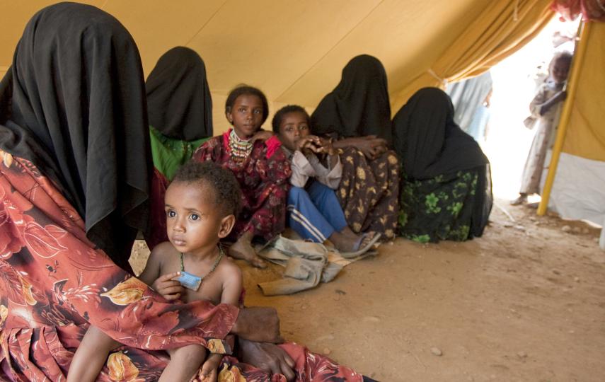 A displaced family in their tent at Mazraq refugee camp. The displaced persons at Mazraq camp have fled the ongoing fighting in the Sa'ada province of northern Yemen