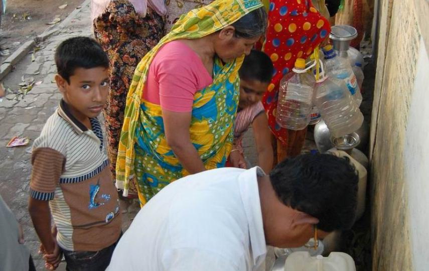 Residents of Dhaka queue up for water. The city routinely suffers from severe water shortages in April and May