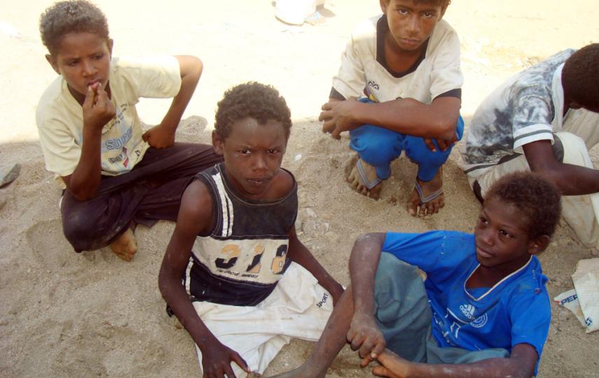 Children from the western city of Hodeida wait near Yemen's northern border for traffickers to take them to Saudi Arabia