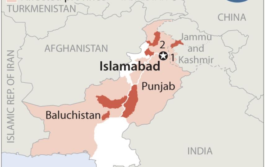 Floods caused by heavy rains have affected Azad Kashmir, Baluchistan, Khyber-Pakhtunkhwa and Punjab
districts