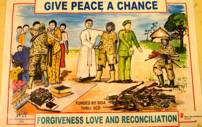 Peace Propaganda poster depicting the surrender of Rebel troops and their admittance back into Uganda Civil Society