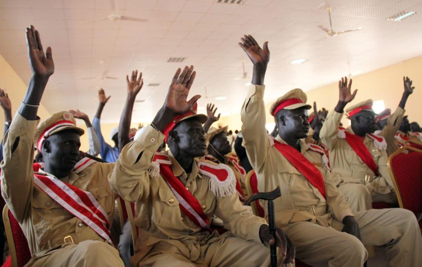 Chiefs at the inauguration of a new conference centre in Warrap State. Southern Sudan’s government sees the chiefs and their courts as key elements in a hybrid system of justice which combines customary and statutory law