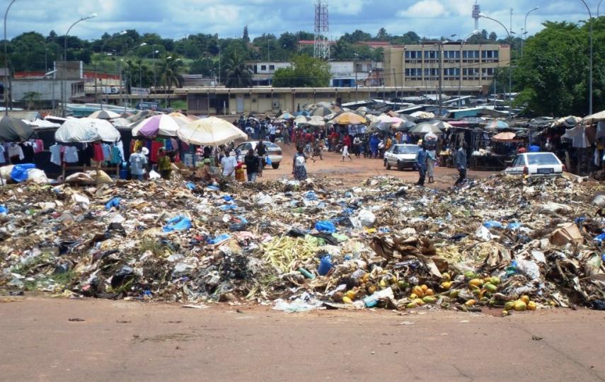 Rubbish piles next to a marketplace in Adjamé District of the economic capital Abidjan