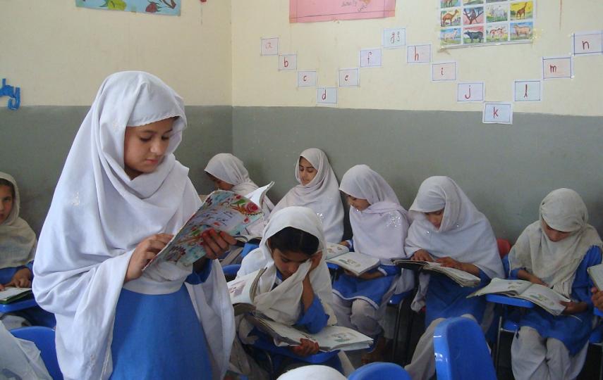 School children attending class at Noor Model School in Shamshatoo, Pakistan