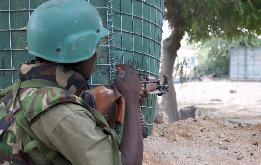 Ugandan AMISOM Troops building defences on the new front line on the Bal'ad Road beyond the Pasta Factory and on the northern edge of Mogadishu
