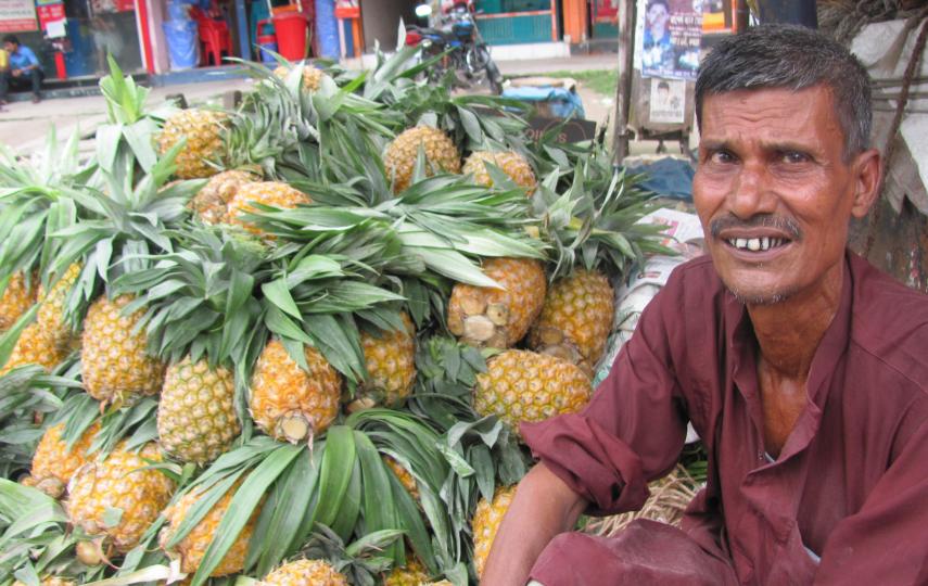 A pineapple farmer sells his wares in a local market in Bangladesh