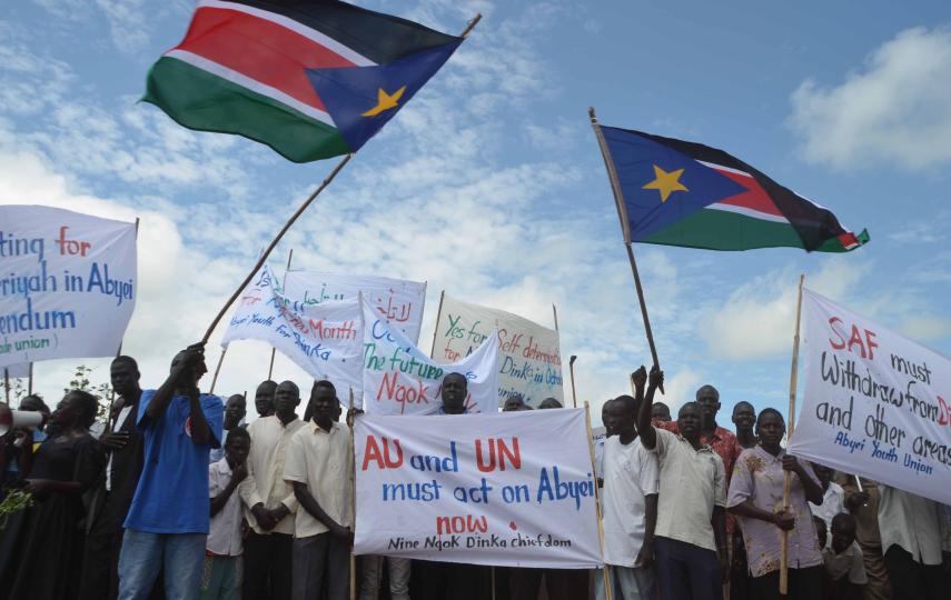 Resident of Abyei, a disputed region on the border between Sudan and South Sudan, demonstrate to demand a long-awaited self-determination referendum