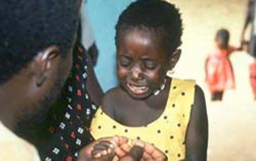 Malaria testing - Following a finger prick, a capillary tube is filled with blood. The sample is then spun and the proportion of the blood made up of red blood cells is measured = packed cell volume (PCV). Date: 1991