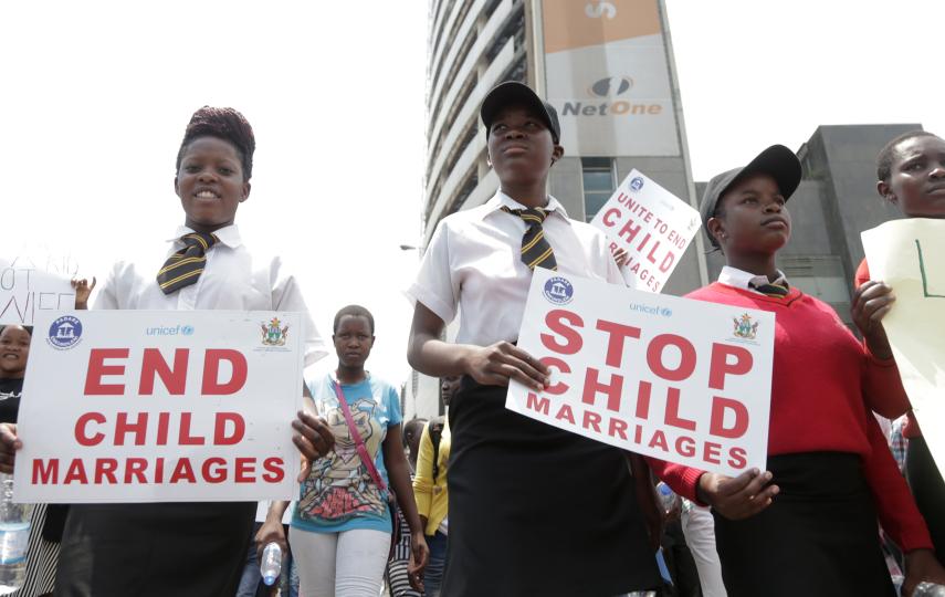 Schoolgirls in Harare, Zimbabwe, protest over child marriages.