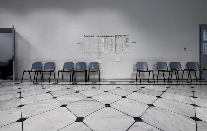 A waiting room inside the court on the Greek island of Samos where, on 13 and 14 February alone, 11 asylum seekers accused of being smugglers were on trial.