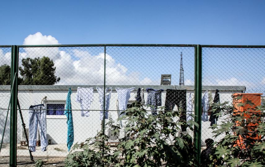 The exterior of the Gathering and Departure Facility in early September, when around 1,000 people were already inside.