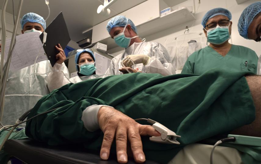 A patient at MSF’s east Mosul facility, shortly before undergoing his fourth surgery. The 46-year-old was injured when a bomb hit his neighbourhood, and he later developed a multidrug-resistant infection.