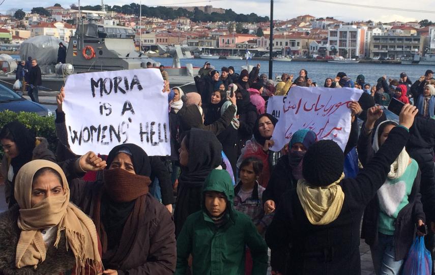 Women and girls protest conditions at the Moria reception centre on the Greek island of Lesvos on Thursday, 30 January.