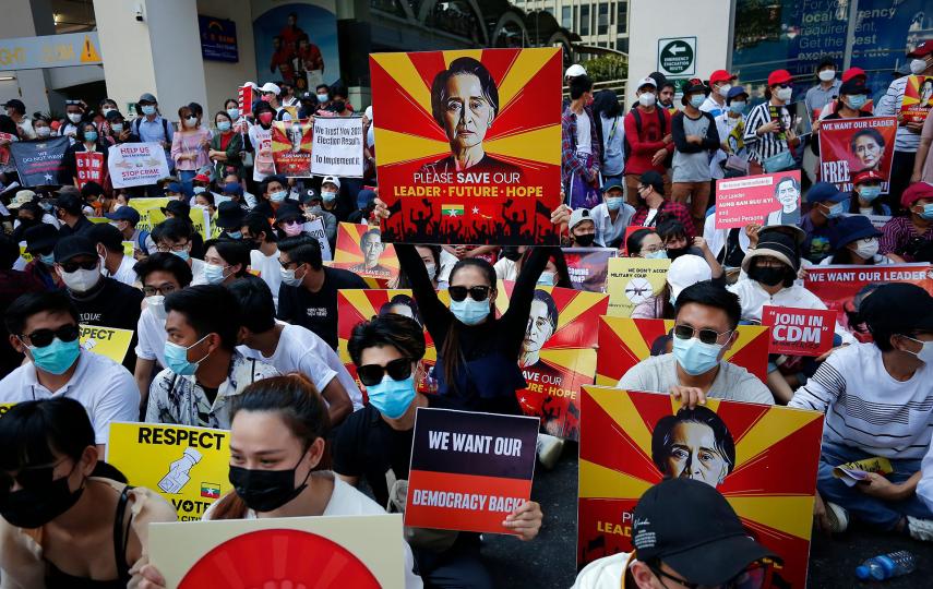 Protesters demonstrating on 17 February 2021 against last year's military coup in Myanmar. Freedom of expression has been quashed in the country since the military took power, part of a broader global decline.