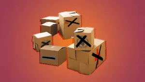 A composite illustration of carton boxes. Each carton box has a logo of a humanitarian organization or INGO. The logos are crossed out with black brush strokes.