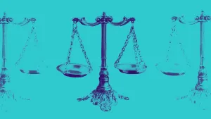 Stylised image of an ornate, antique balance scale centred against a bright turquoise background.  The same scale design is duplicated and partially visible on either side of the main image, creating a repeating visual pattern. The colour treatment is high-contrast, with deep blue and cyan tones.