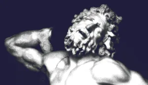 A digitally stylized image of a classical marble sculpture featuring a muscular male figure in a dramatic, contorted pose. The figure's head tilts back with a pained or anguished expression, eyes partially closed, and mouth slightly open. The image is rendered in high contrast with a halftone effect, giving it a textured, pop-art quality. The background is a deep, solid navy blue.