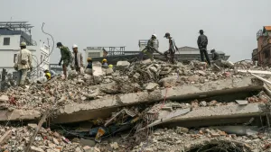 A view of the damaged buildings and ongoing debris cleanup efforts aftermath of a powerful 7.7 magnitude earthquake that struck central Myanmar late last month, leaving a trail of destruction across the region, on April 08, 2025. 