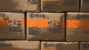 Stylised illustration of USAID boxes containing humanitarian aid for Venezuela are seen at a warehouse near the Tienditas cross-border bridge between Colombia and Venezuela in Cucuta, Colombia, February 8, 2019.