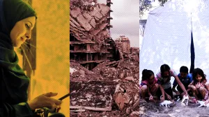 A collage showing: On the left, Raasha Abou Jalal looking at her phone, in the centre, a photo of rubble in Gaza, on the right her children playing with kittens.