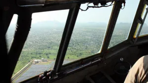 The outskirts of Juba, South Sudan’s capital, seen from a plane en route to deliver food to the town of Nasir on 9 June 2025. 