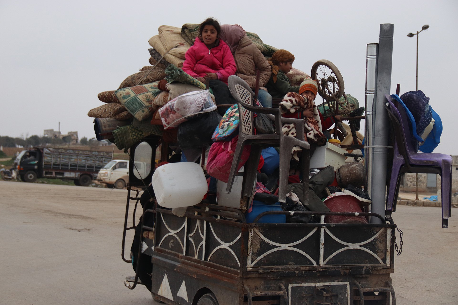 People fleeing towards Sarmada,a town in Idlib near the Syrian border with Turkey, on 10 February 2020.