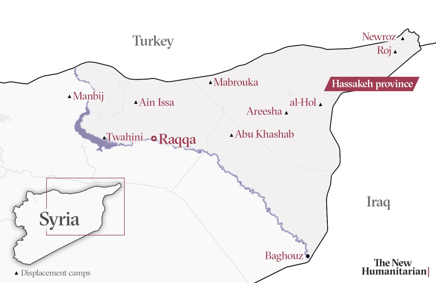 Map of north east Syria showing Baghouz, Areesha, al-Hol, Raqqa and Euphrates