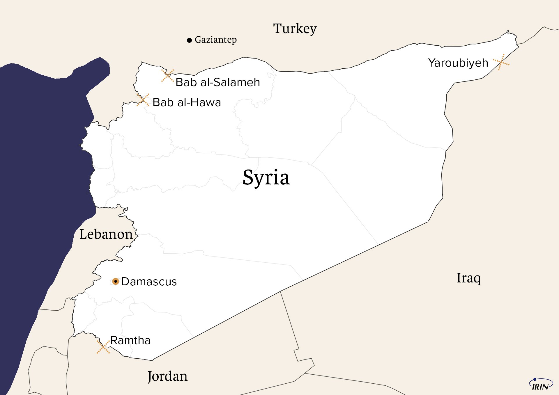 Map of Syria border crossings with Iraq, Turkey, Jordan, and Lebanon