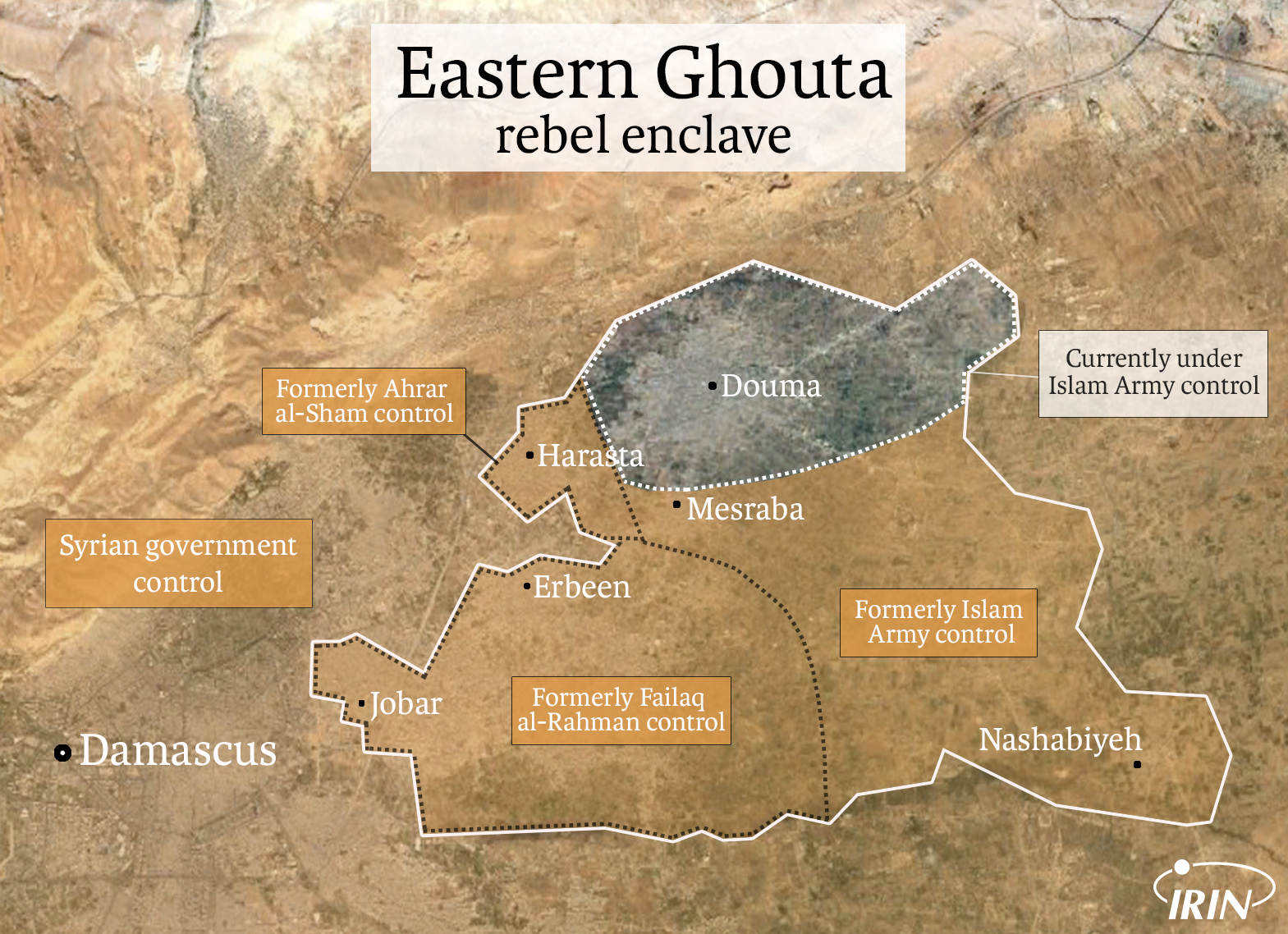 Map of rebel enclave in Eastern Ghouta, showing territory lost to Syrian government forces and Islam Army's current control of Douma