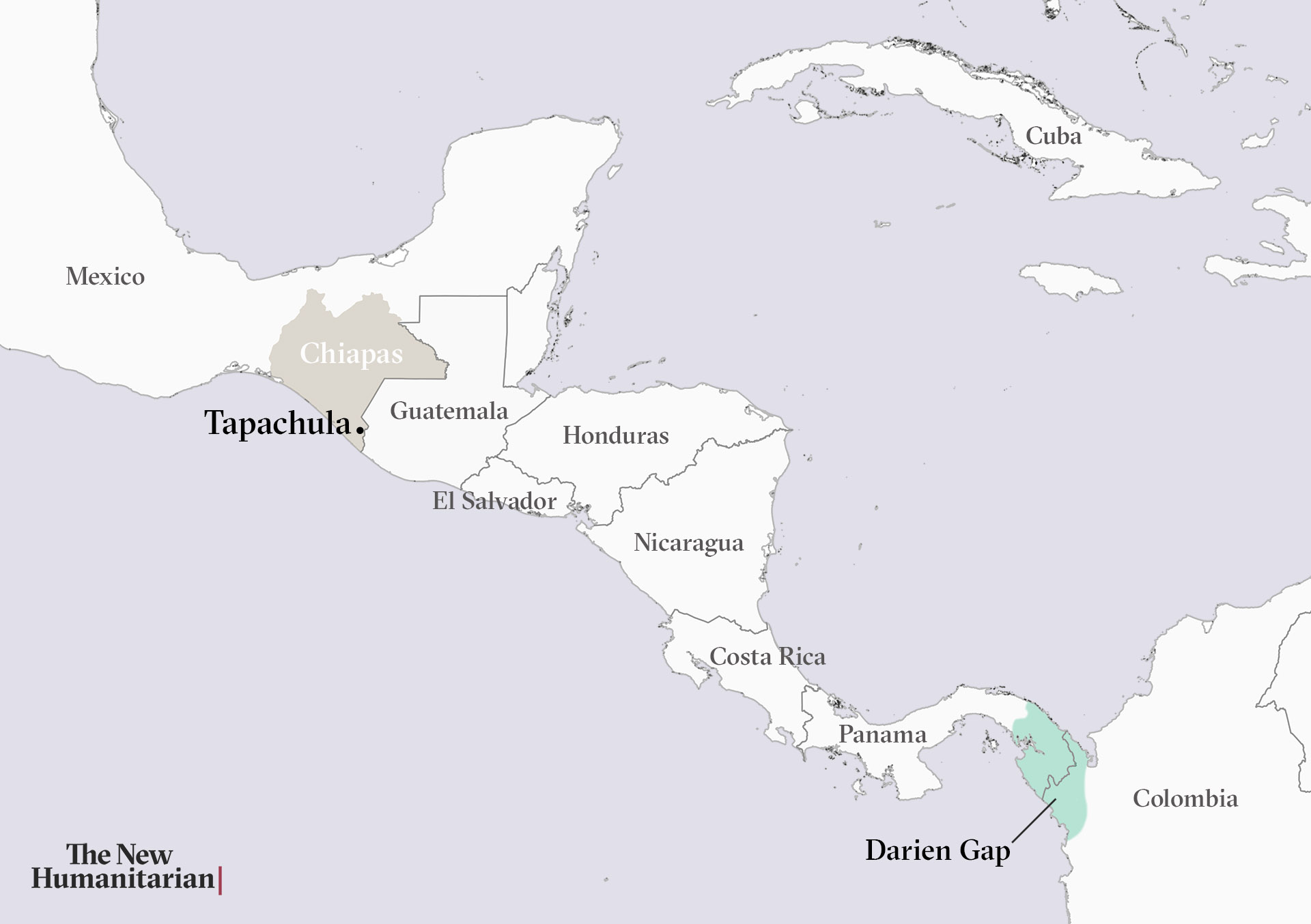 A map showing Central America, Tapachula, Mexico, and the Darien Gap.