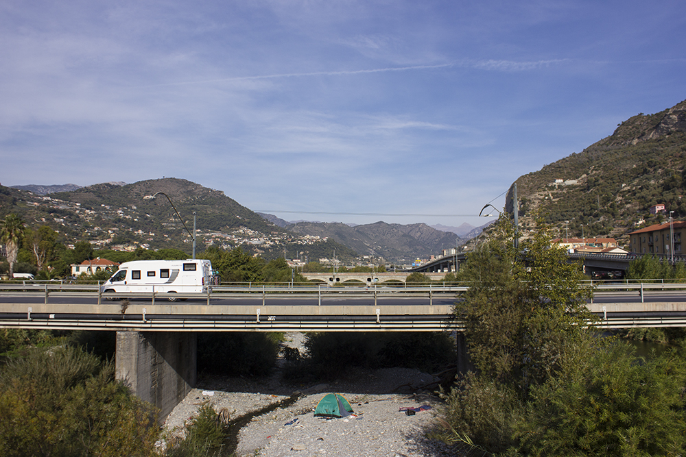 Tent under a bridge in Ventimiglia