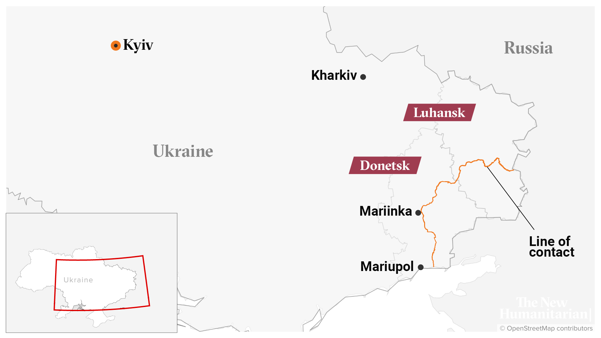 A map of eastern Ukraine showing Mariinka, Donetsk, Luhansk, Mariupol, and the line of contact.