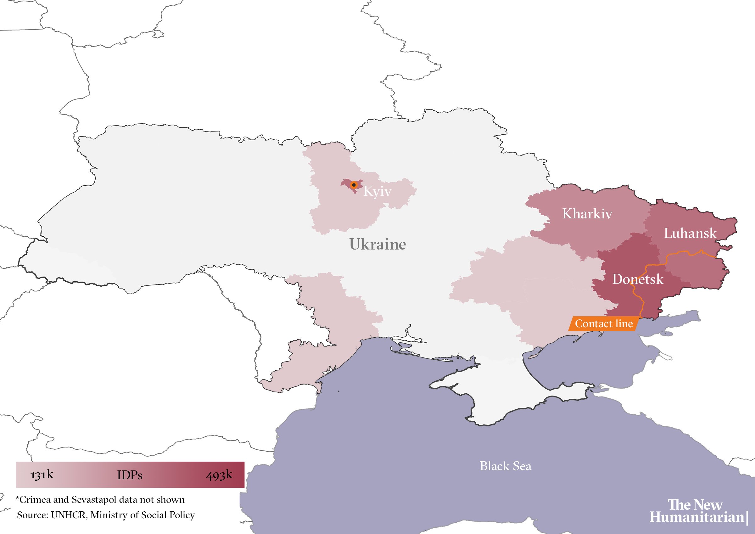 Map of Ukraine showing Luhansk, Donetsk, Kharkiv, and Kyiv as well as numbers of internally displaced people.