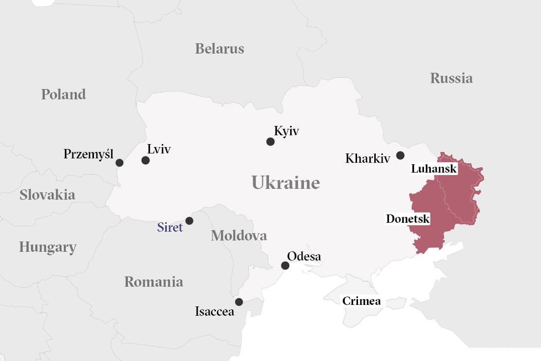 A map of Ukraine showing key cities mentioned plus the Donetsk and Luhansk regions in the east.