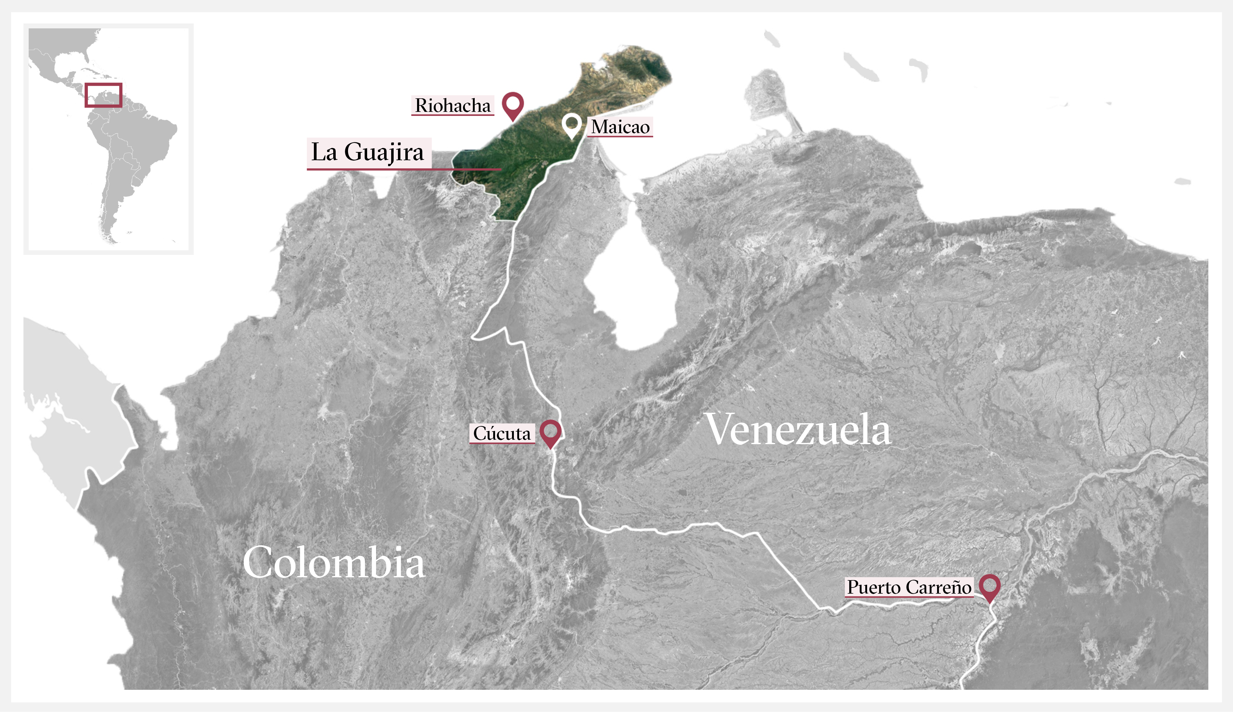 Map of the Venezuela-Colombia border with various map markers