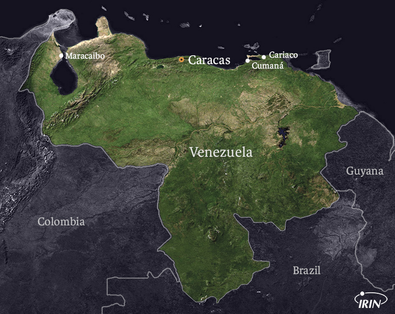 Map of Venezuela showing Caracas, Maracaibo, Cumana, and Cariaco