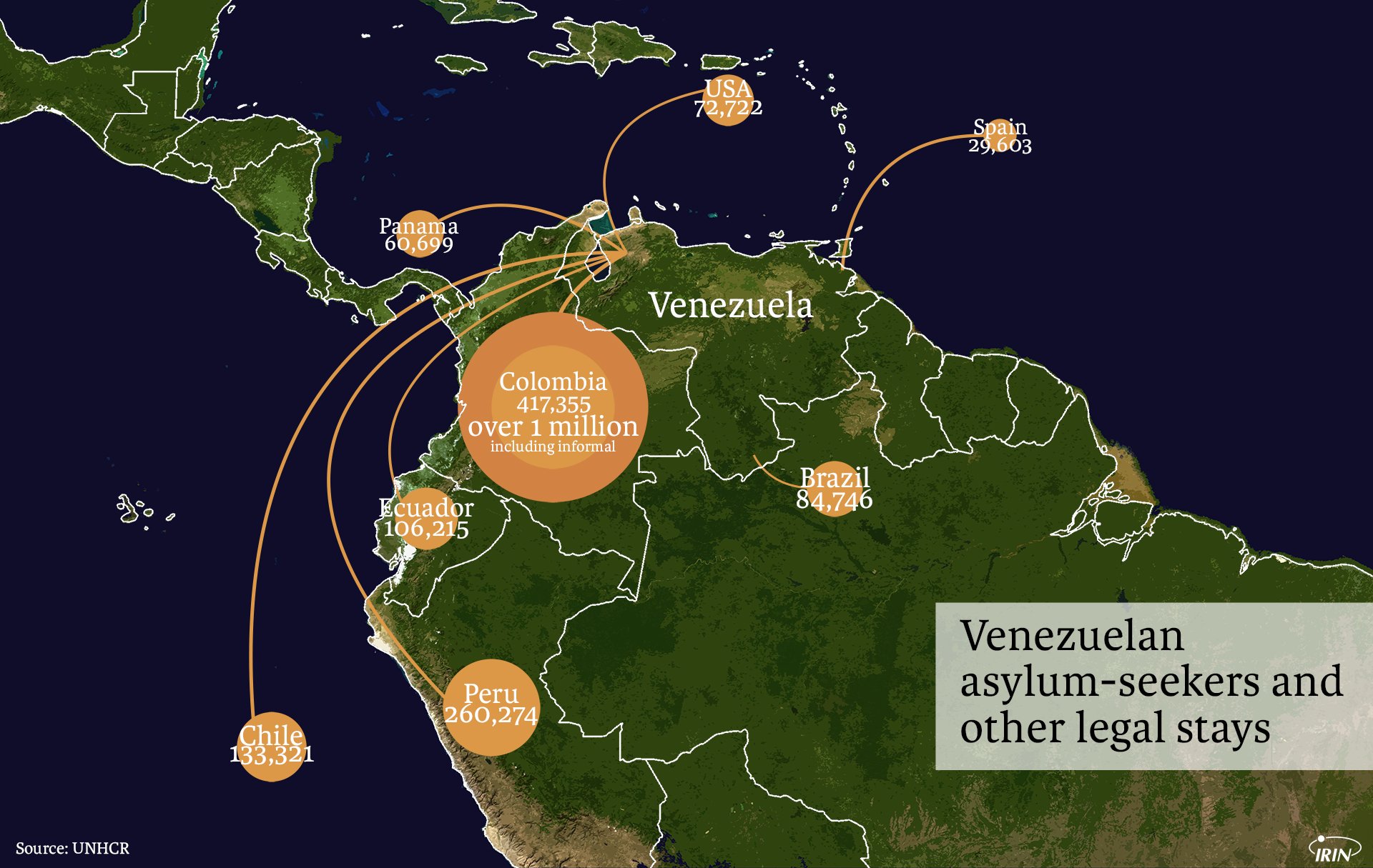 Map of northern South America showing Venezuela exodus numbers.