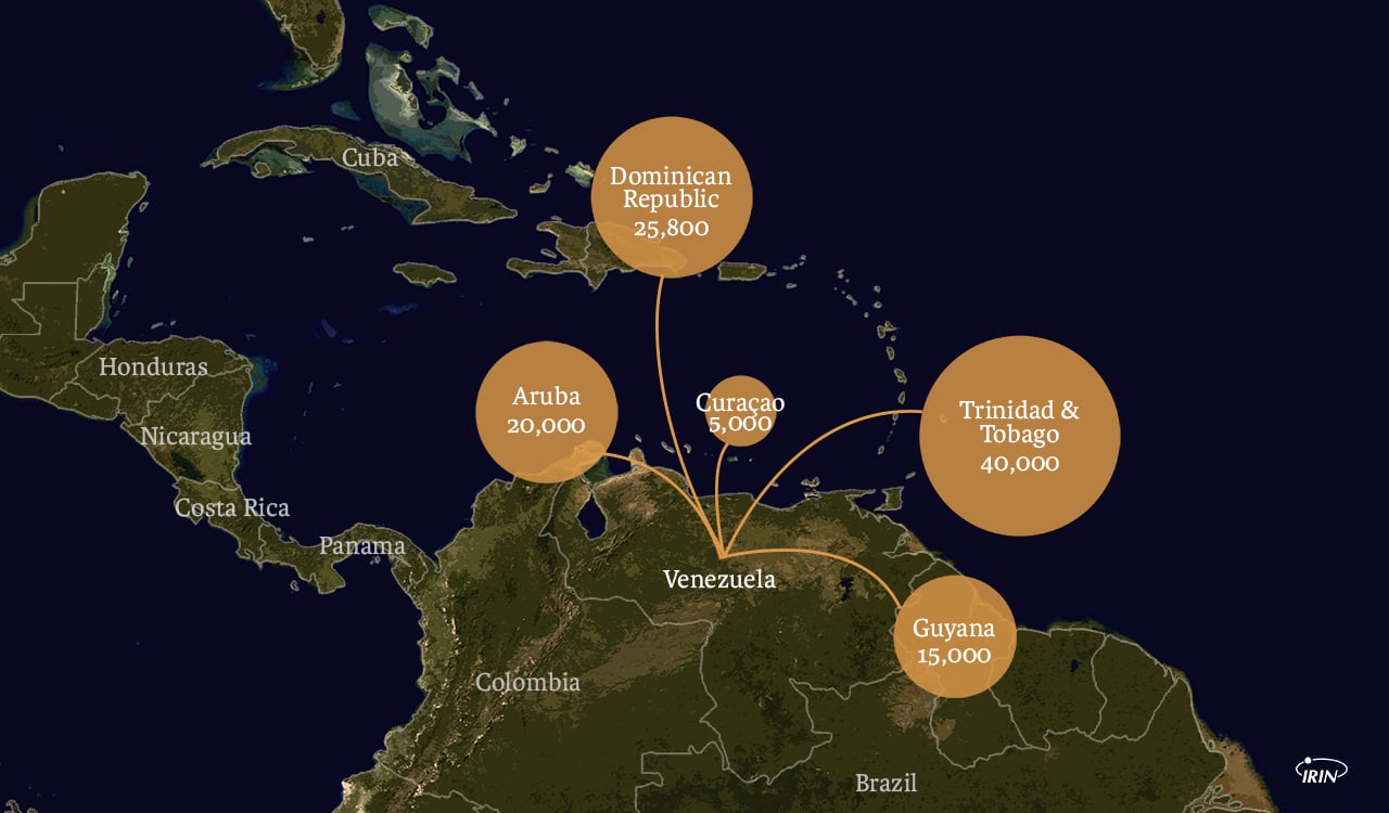 map of northern south america and the caribbean showing migration from venezuela