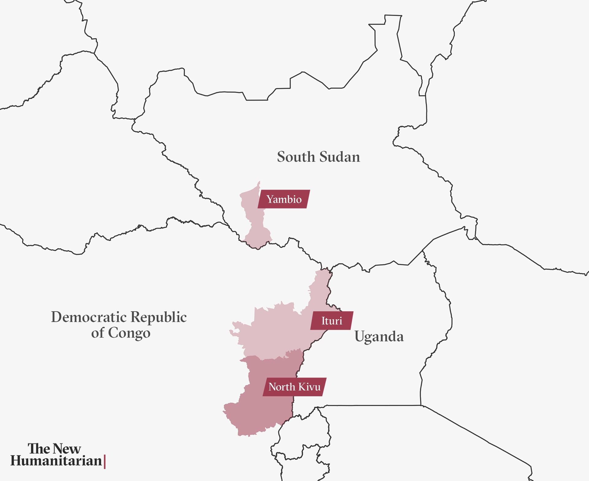 Map of South Sudan, Uganda, and Congo showing Yambio, Ituri, and North Kivu