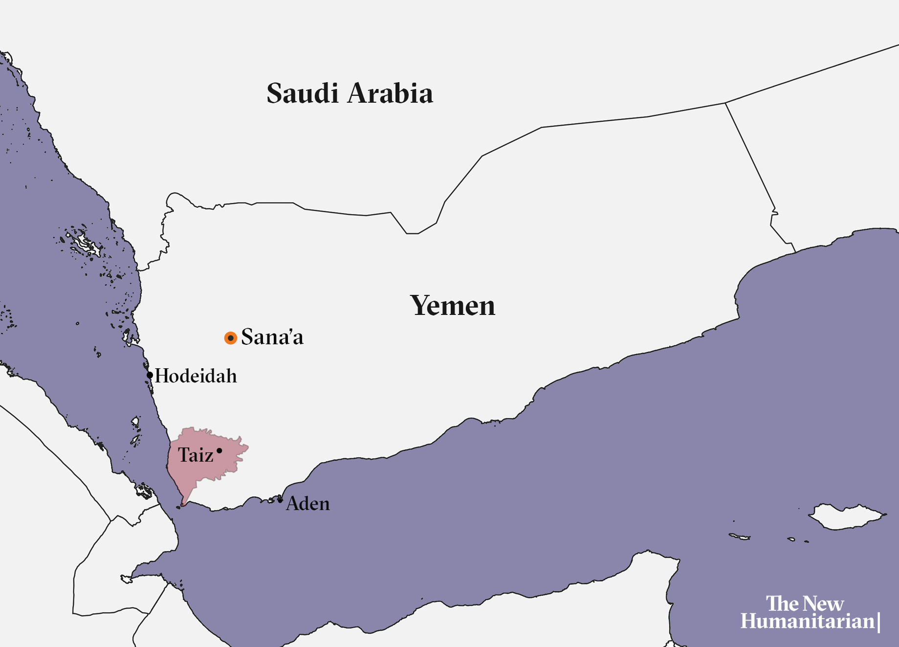 Map of Yemen showing Taiz, Hodeidah, Aden and Sana'a