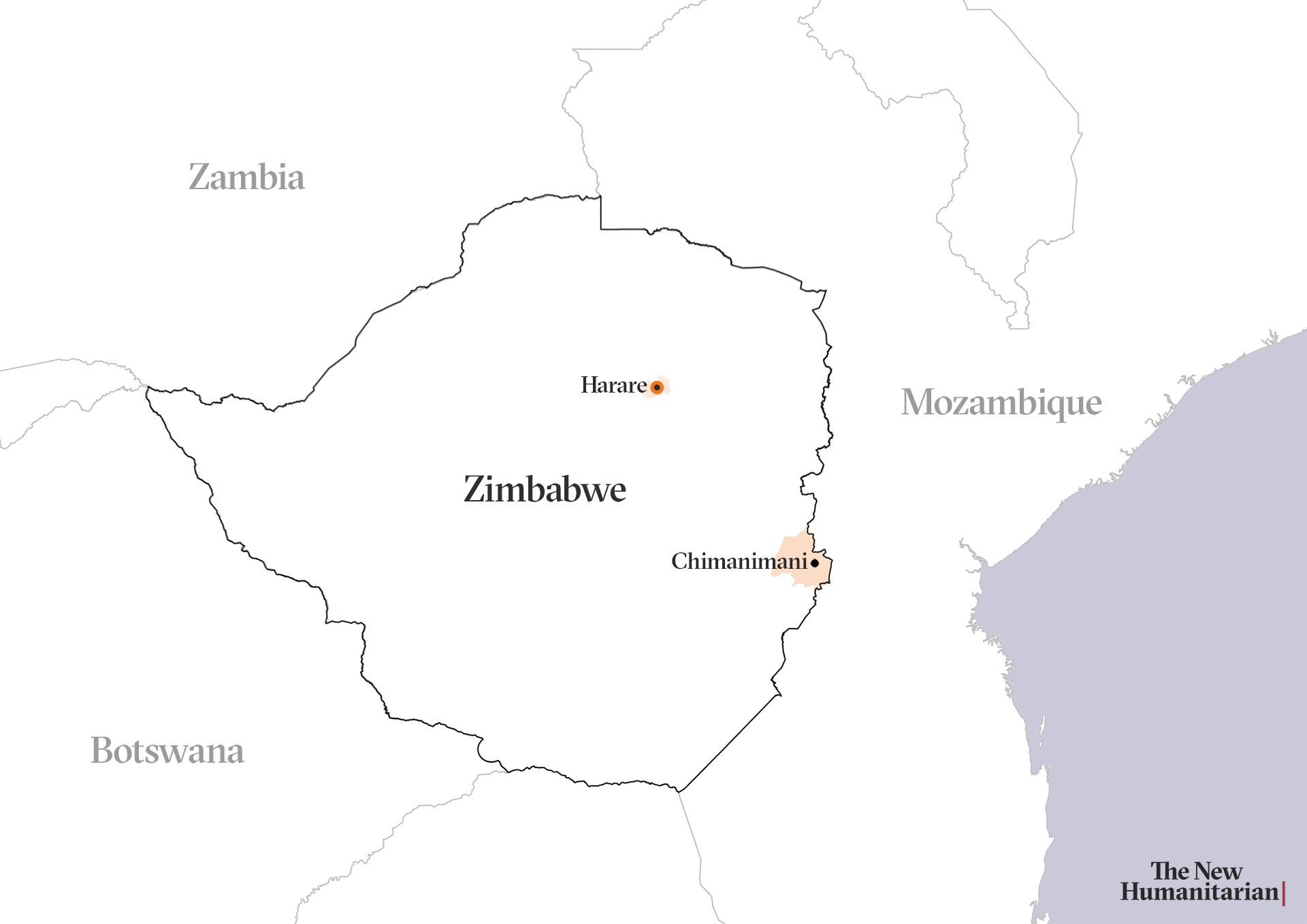 Map of Zimbabwe showing neighouring countries and CHIMANIMANI