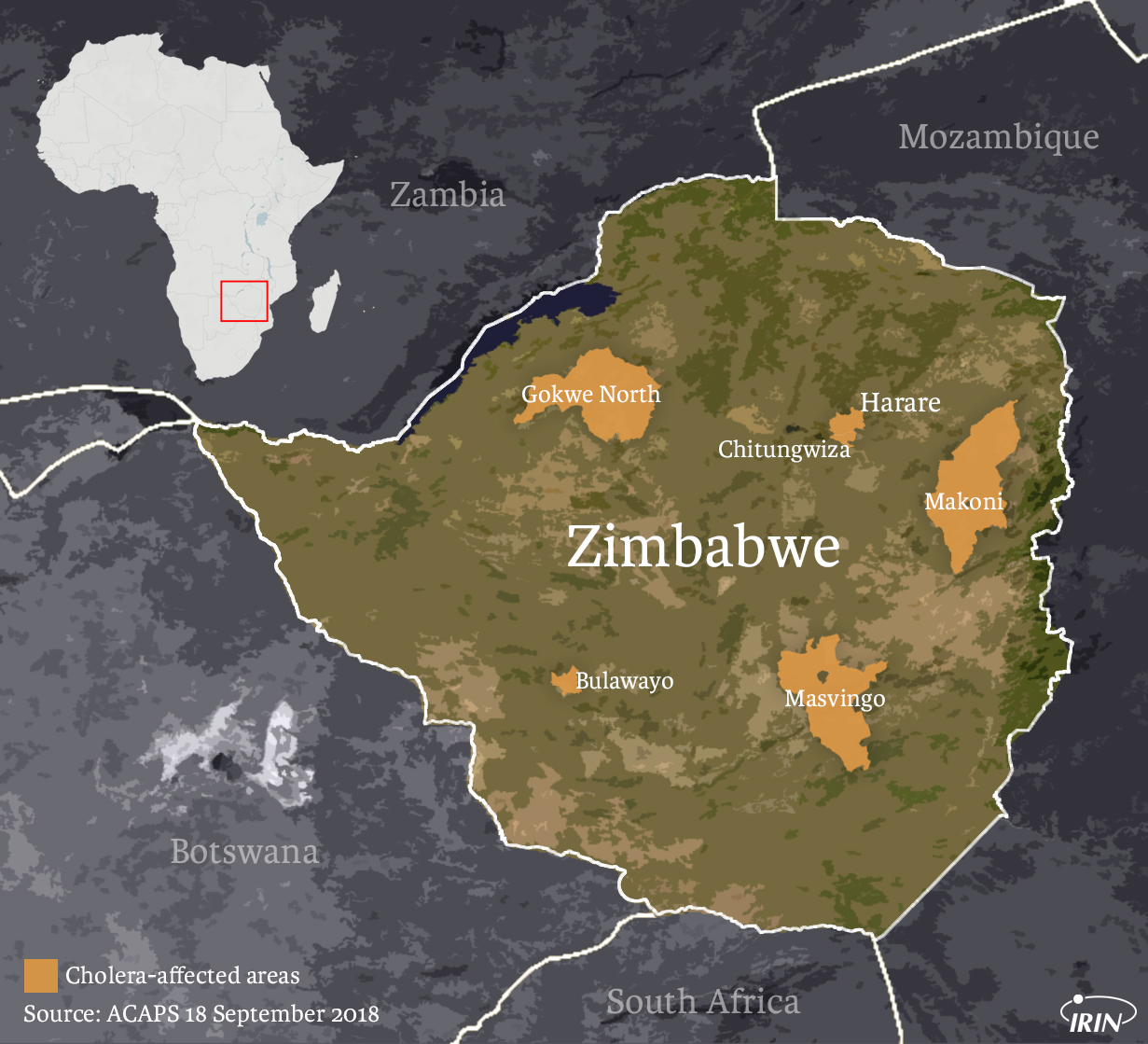 Map of cholera outbreaks in Zimbabwe September 2018.